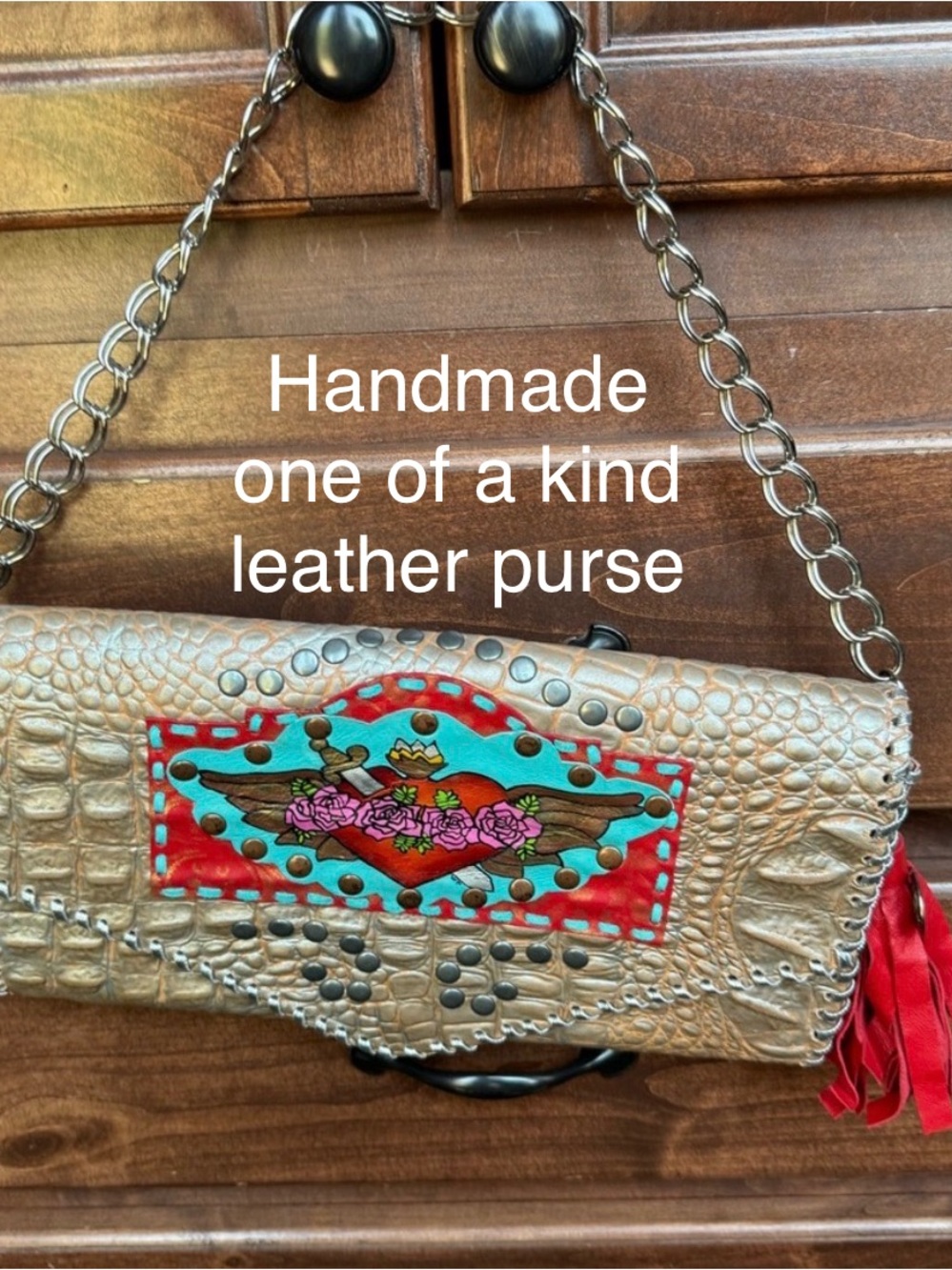 Handmade Beige Leather Clutch with Turquoise & Red Accent